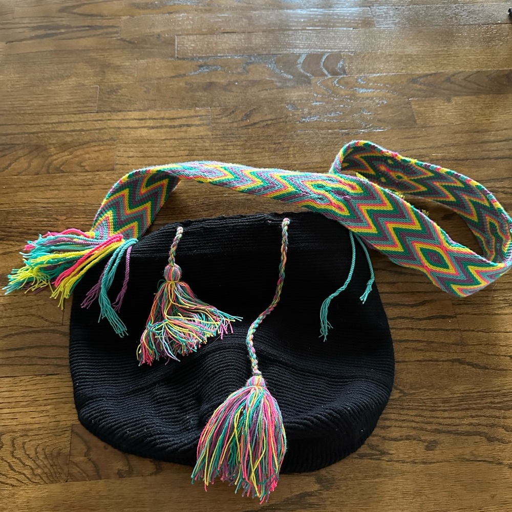 Black Tote with Colorful Knitted Strap